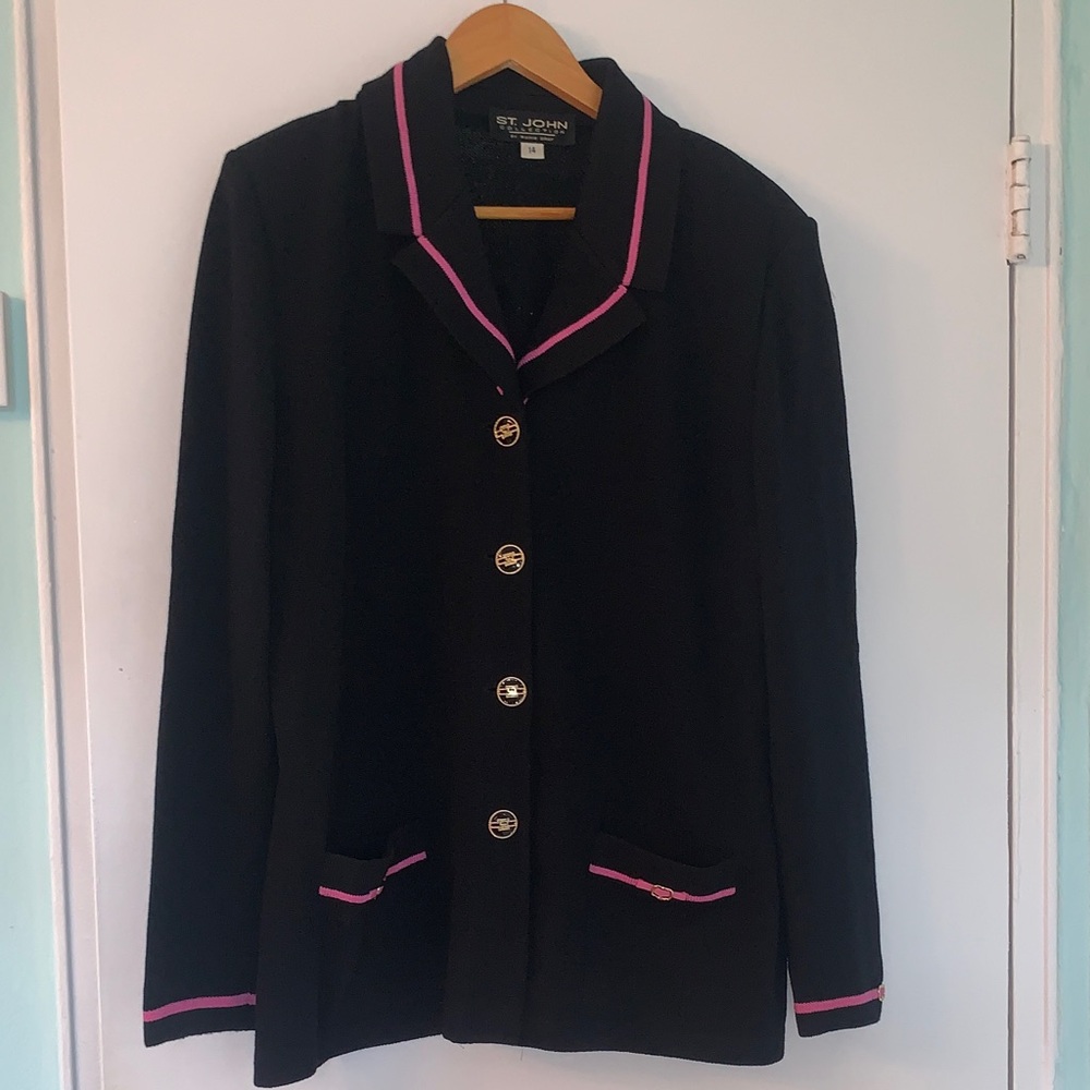 St. John Collection Black Blazer with Pink Trim and Gold Buttons